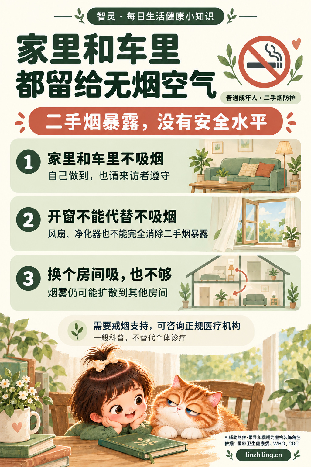 二手烟防护知识图：家里和车里都不吸烟；开窗、风扇和空气净化器不能完全消除暴露；换房间吸烟仍可能扩散。果果和糯糯为虚构装饰角色。