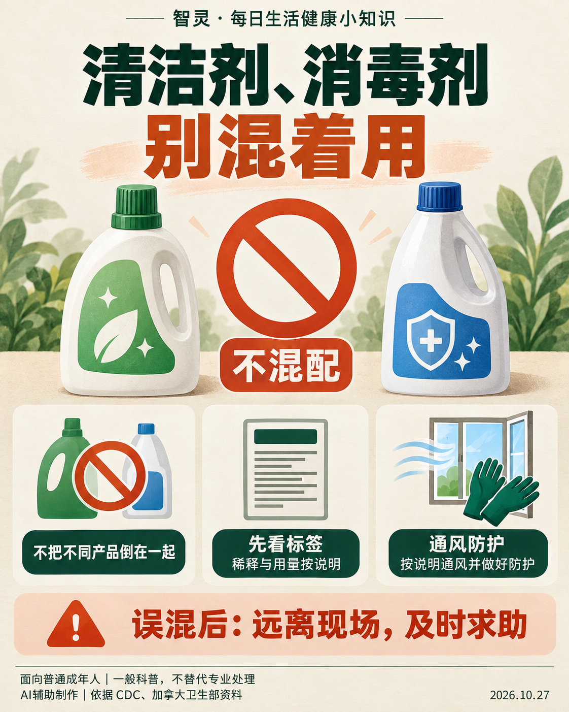 米白墨绿知识图：清洁剂、消毒剂别混着用；不混配，先看标签，通风防护；误混后远离现场并及时求助。AI辅助制作。