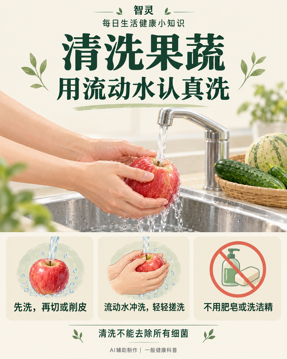 智灵每日生活健康小知识：成人双手在流动清水下清洗完整苹果。先洗再切或削皮，轻轻搓洗，不用肥皂或洗洁精；清洗不能去除所有细菌。AI辅助制作，一般健康科普。