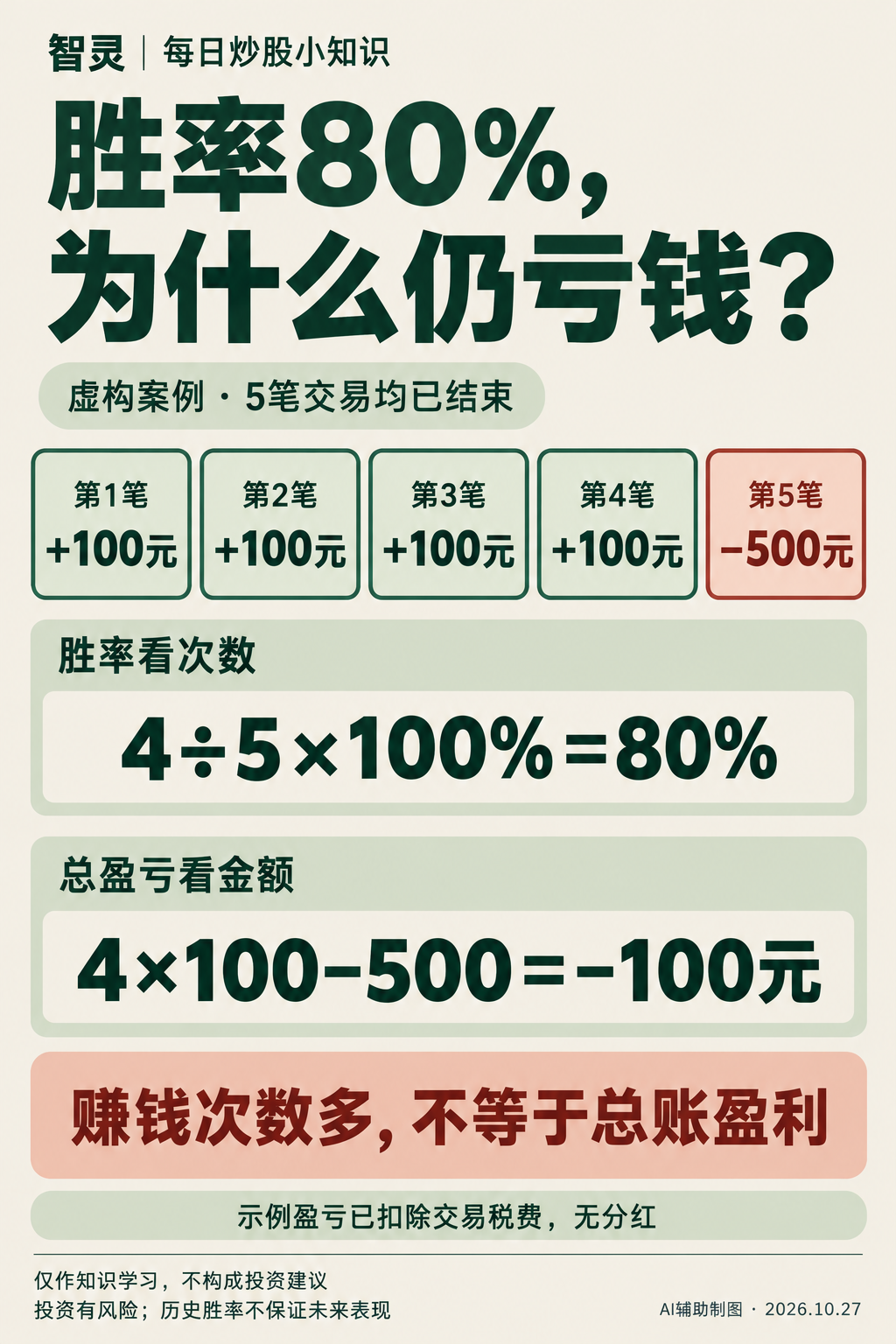 虚构案例:五笔已结束交易中,四笔各赚100元、一笔亏500元,胜率80%,合计亏100元。示例盈亏已扣除交易税费,无分红。