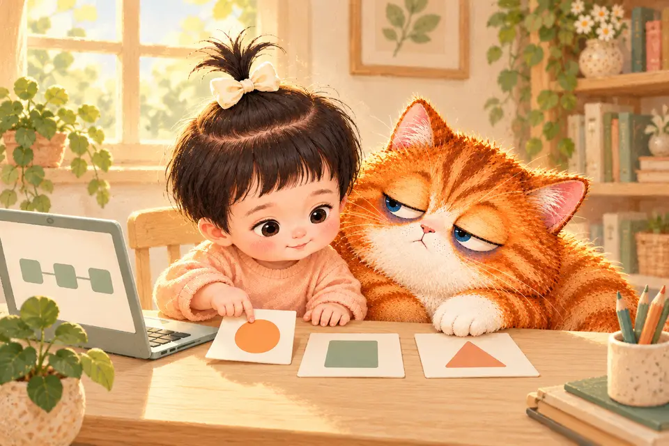 小女孩与橘猫整理桌上的任务卡片