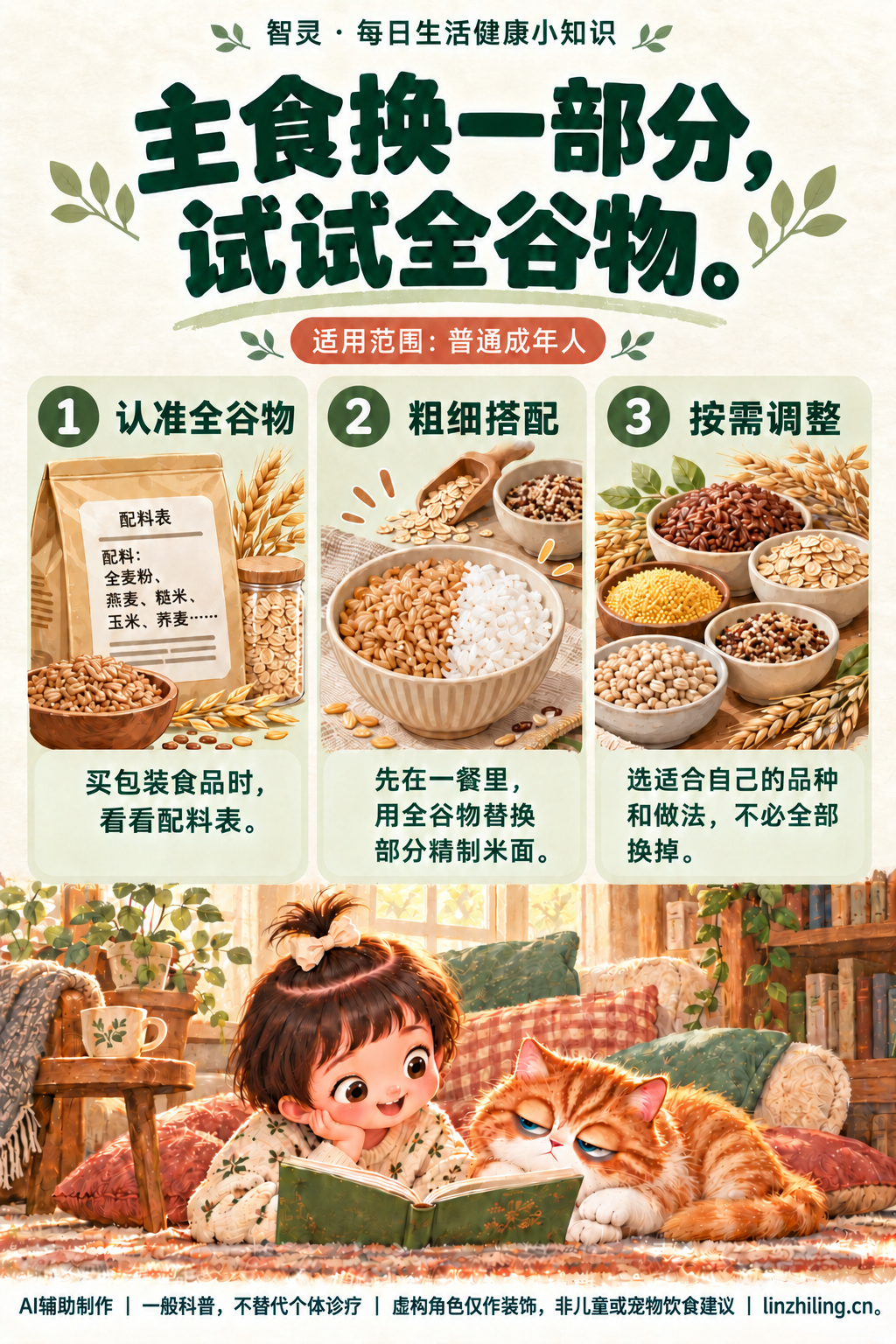 主食换一部分,试试全谷物。全谷物饮食科普插画,含果果与橘猫虚构装饰角色。