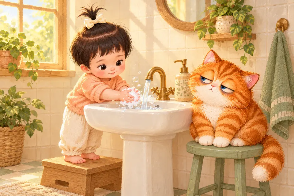 小女孩认真洗手，橘猫在旁陪伴