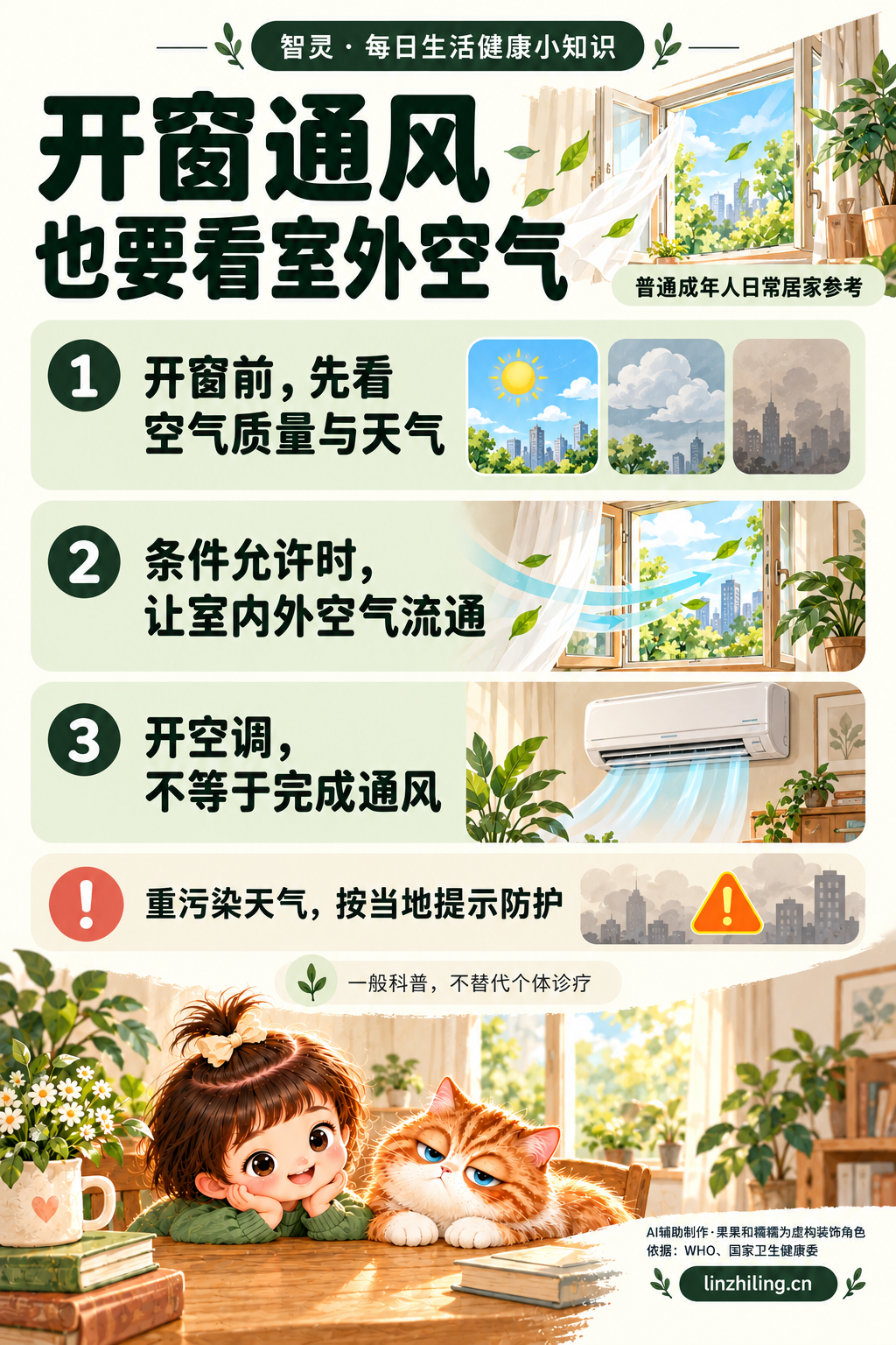 普通成年人居家通风知识图：开窗前看空气质量和天气，条件允许时让室内外空气流通，开空调不等于完成通风；重污染天气按当地提示防护。AI辅助制作，果果和糯糯为虚构装饰角色。