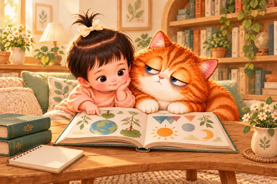 小女孩与橘猫在书房一起阅读