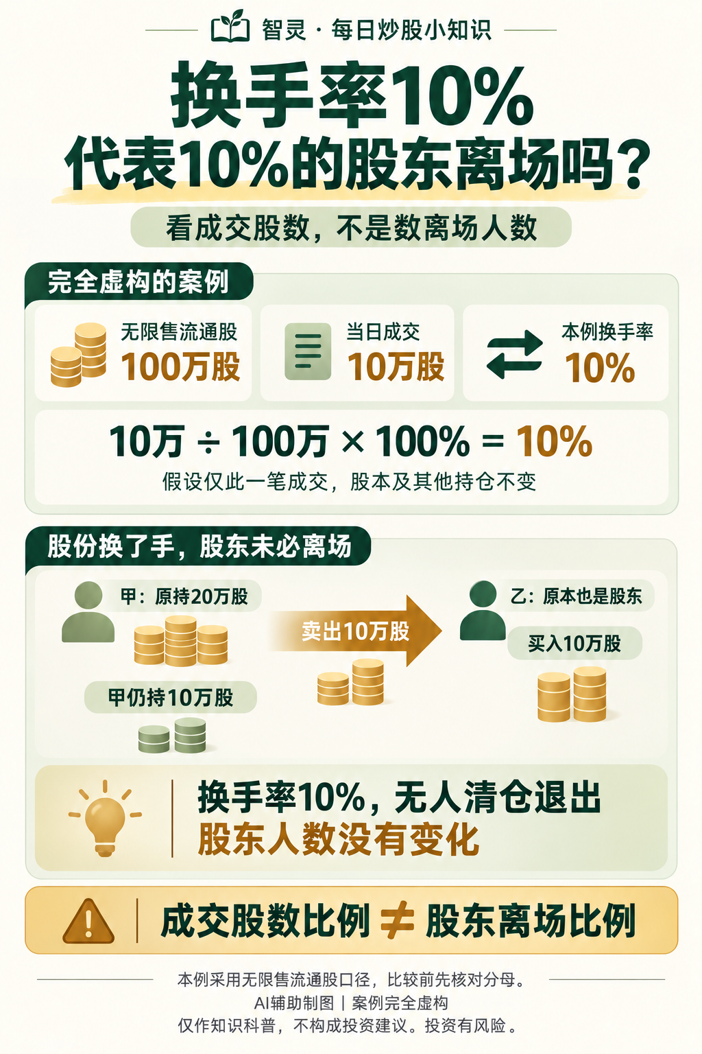完全虚构案例：无限售流通股100万股，当日成交10万股，换手率10%；甲原持20万股，向原本也是股东的乙卖出10万股后仍持10万股，无人清仓退出，股东人数不变。