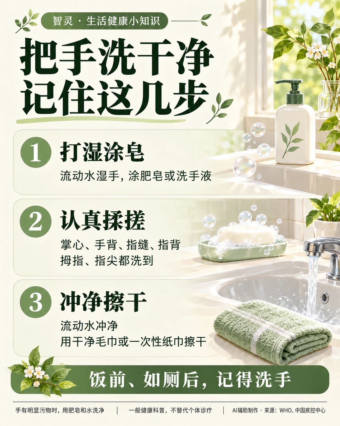 米白墨绿知识图:把手洗干净,记住打湿涂皂、认真揉搓、冲净擦干三个环节;掌心、手背、指缝、指背、拇指和指尖都洗到。饭前、如厕后记得洗手。附一般科普、AI辅助制作及来源说明。