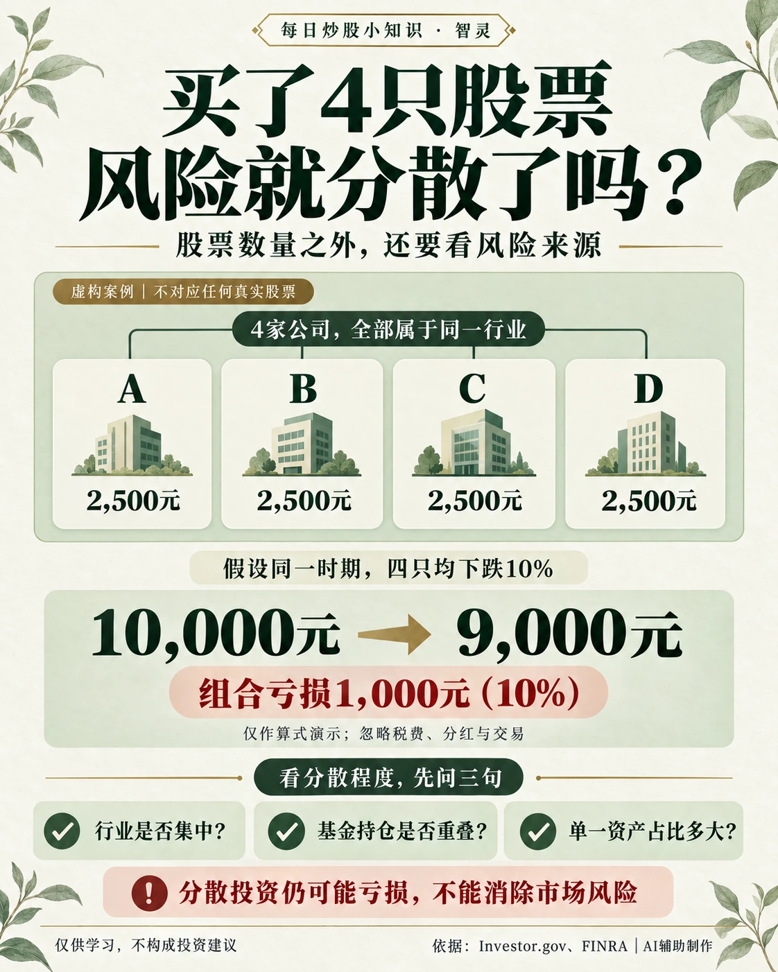 虚构案例：同一行业的A、B、C、D四家公司股票，各持有2,500元。假设同期均下跌10%，组合由10,000元降至9,000元，亏损1,000元。持仓数量之外，还要核对行业集中程度、基金持仓重叠和资产占比。分散投资仍可能亏损。