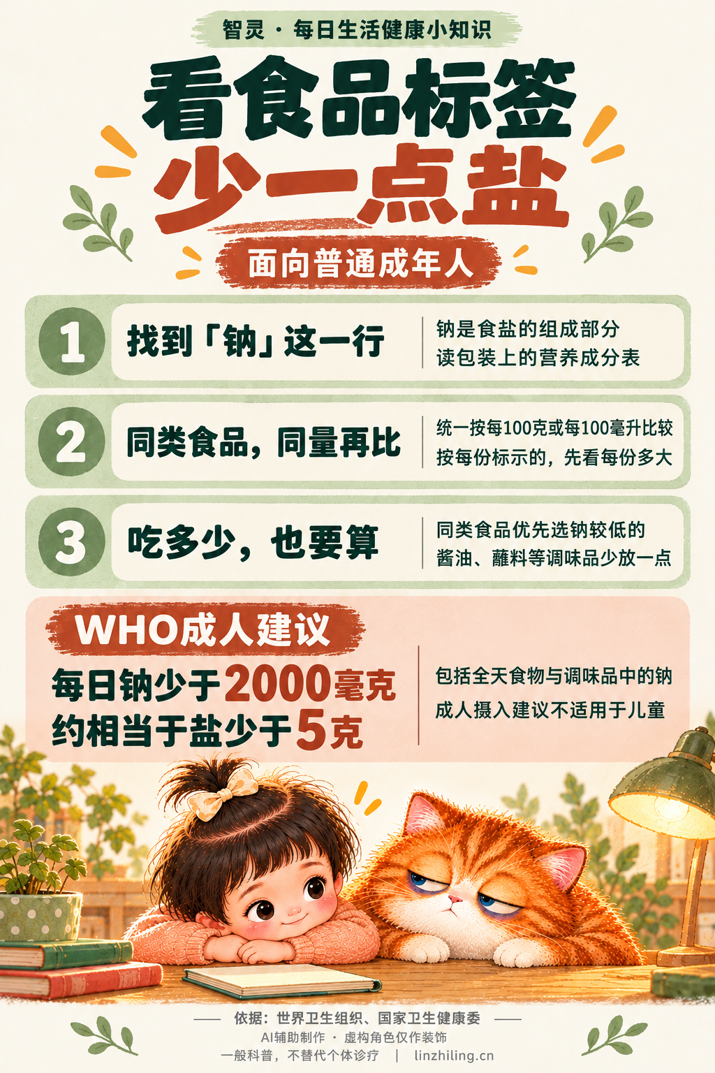 看食品标签，少一点盐。面向普通成年人的钠摄入与营养标签阅读知识图，小女孩和橘白猫为虚构装饰角色。