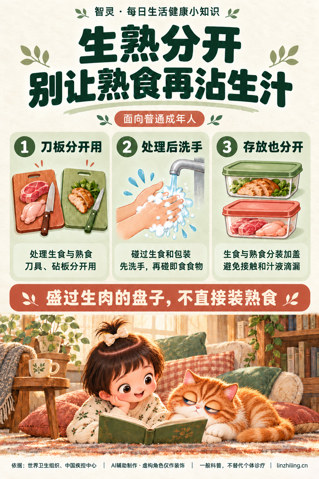 生熟分开食品安全科普:刀具砧板分开、处理生食后洗手、存放分开;果果与糯糯为虚构装饰角色。