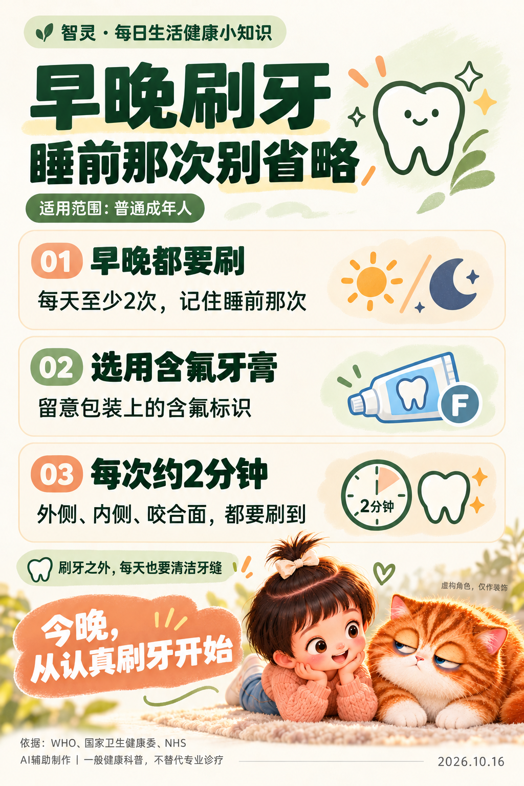 早晚刷牙健康科普配图,果果和糯糯为虚构装饰角色,AI辅助制作