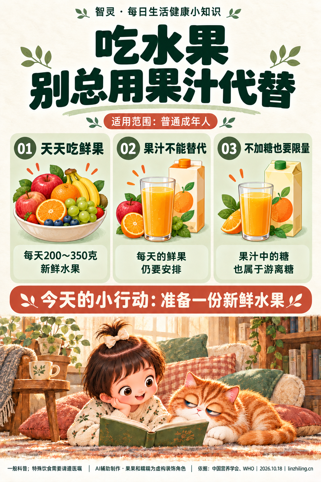 米白墨绿色健康知识图:普通成年人每天安排200~350克新鲜水果;果汁不能替代每天的鲜果,不加糖果汁也应限量。底部是虚构小女孩果果和橘猫糯糯读书的装饰插画,标有AI辅助制作与来源。