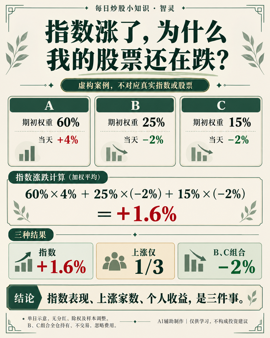 虚构案例：A权重60%上涨4%，B权重25%下跌2%，C权重15%下跌2%，指数上涨1.6%，仅持有B、C的组合下跌2%。