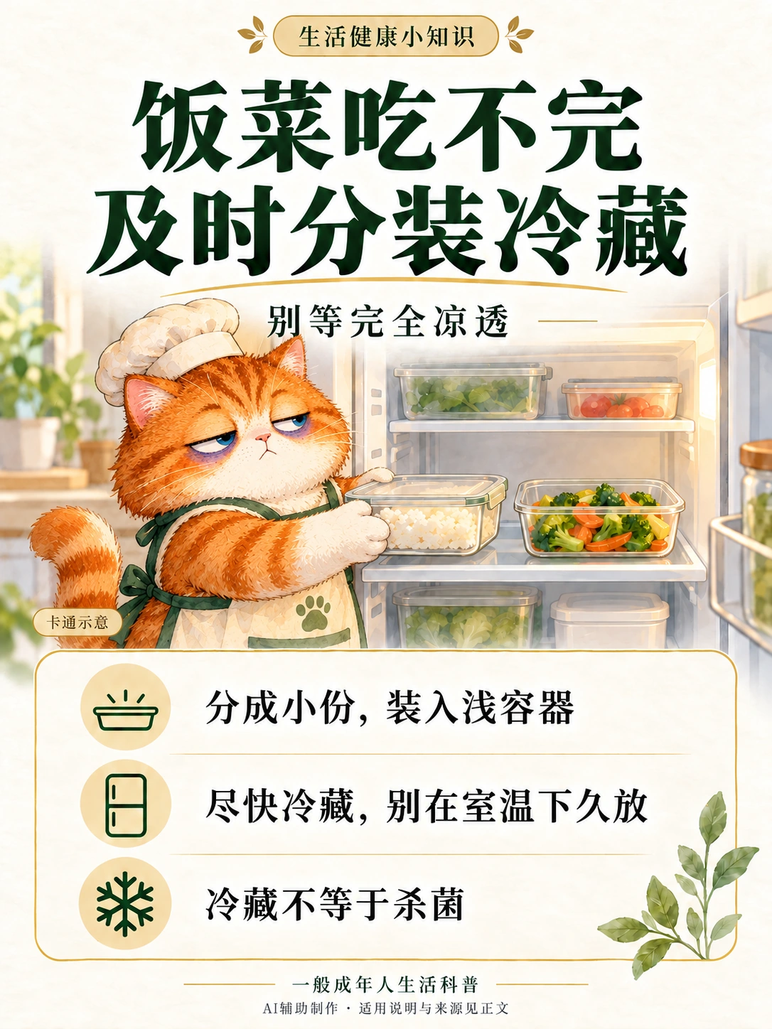 生活健康知识卡:卡通橘猫将饭菜分装进浅容器并放入冰箱。提示别等完全凉透,分成小份、尽快冷藏,冷藏不等于杀菌。