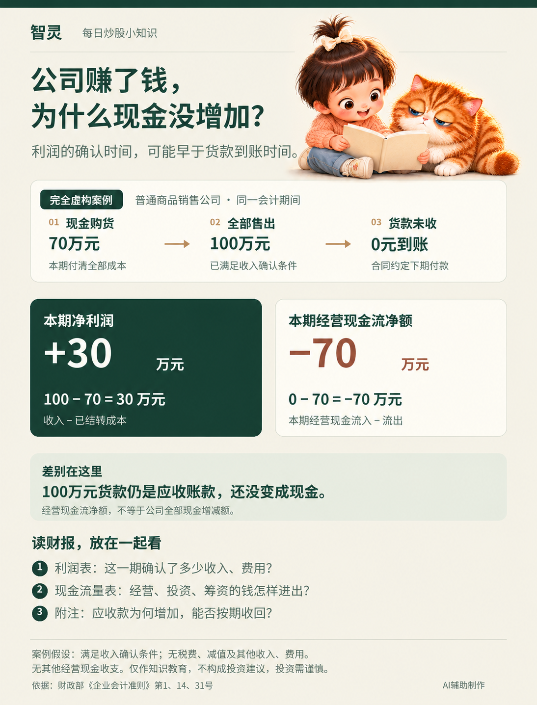 果果和糯糯陪你看财报。虚构案例：本期现金购货70万元、赊销100万元，简化条件下净利润30万元，经营现金流净额为负70万元。
