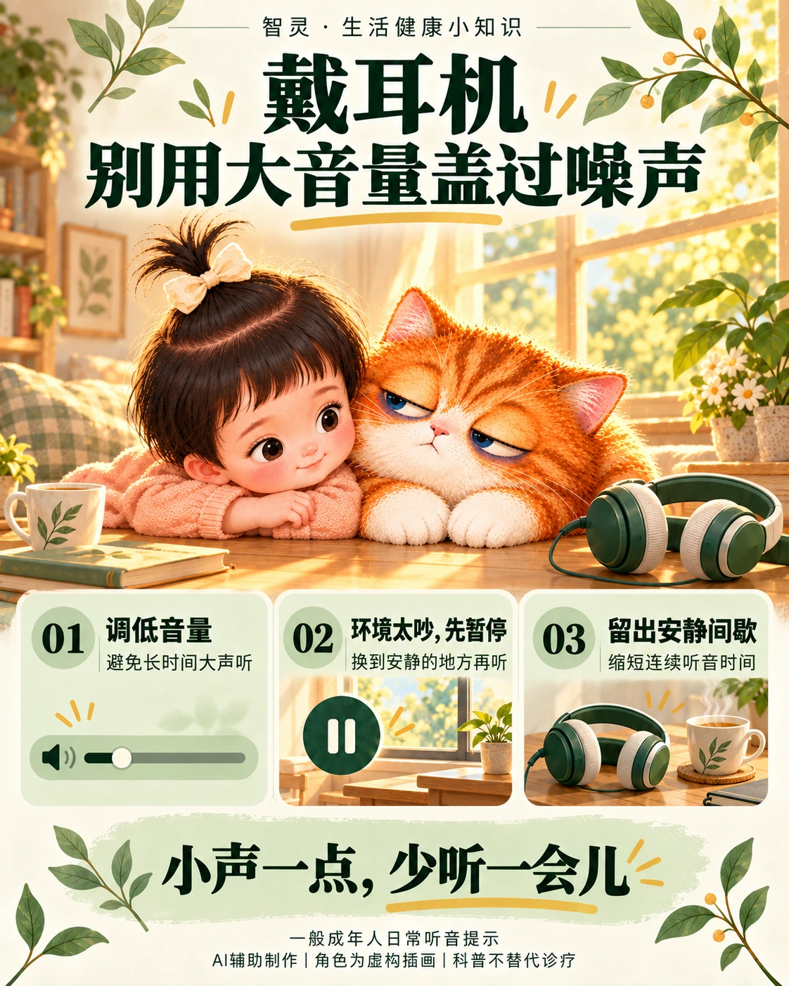 虚构小女孩与困困橘白猫并肩坐在安静明亮的窗边，耳机放在桌上。米白墨绿知识卡提示成年人调低音量、环境太吵先暂停并换安静处再听、留出安静间歇。图中注明AI辅助制作、角色为虚构插画，科普不替代诊疗。