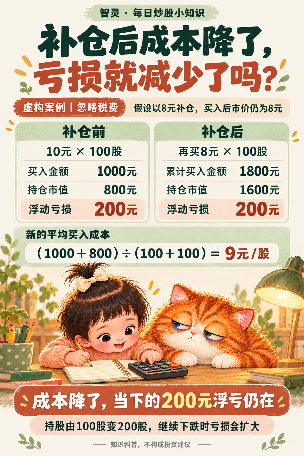 智灵每日炒股小知识：虚构小女孩与困困橘白猫一起算账。10元买100股，8元再买100股，平均买入成本降至9元；股价仍为8元时，补仓前后浮亏均为200元。示例忽略税费。