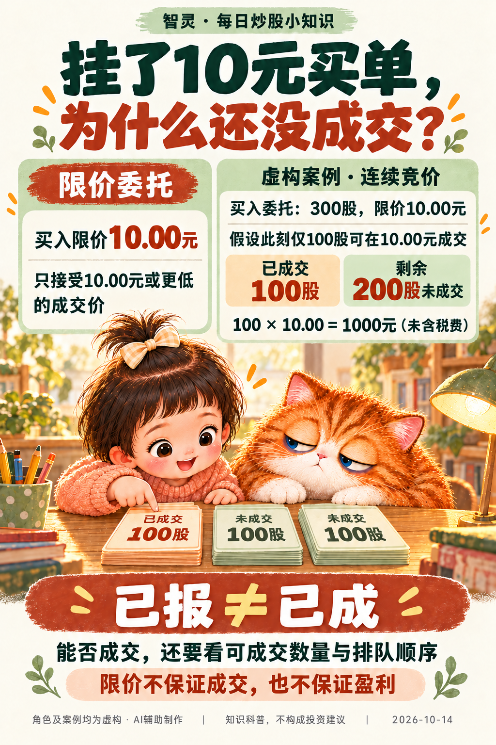 智灵每日炒股小知识：虚构角色果果与橘白猫糯糯一起学习限价委托。买入限价10.00元、委托300股，假设只有100股可按10.00元成交，成交金额1000元未含税费，剩余200股未成交。限价不保证成交，也不保证盈利。