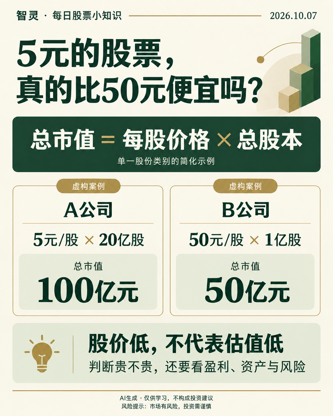 5元的股票，真的比50元便宜吗？总市值等于每股价格乘总股本。虚构案例：A公司5元/股乘20亿股，市值100亿元；B公司50元/股乘1亿股，市值50亿元。股价低不代表估值低。