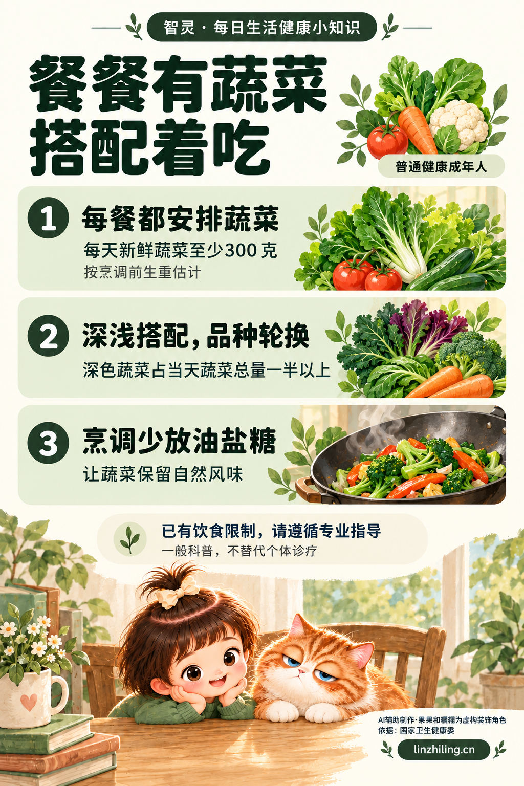 普通健康成年人蔬菜知识图：餐餐安排蔬菜，每天新鲜蔬菜至少300克，按烹调前生重估计；深色蔬菜占当天蔬菜总量一半以上；烹调少放油盐糖。果果和糯糯为虚构装饰角色。