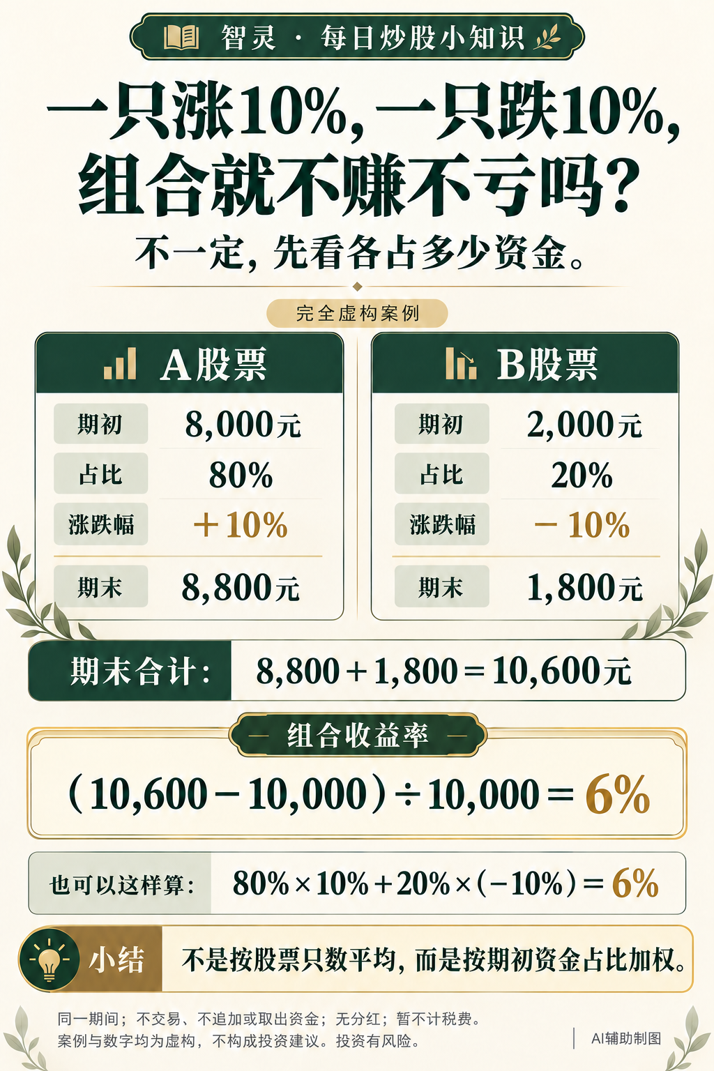 虚构案例：A股票期初8,000元上涨10%，B股票期初2,000元下跌10%，组合期末10,600元，收益率6%。