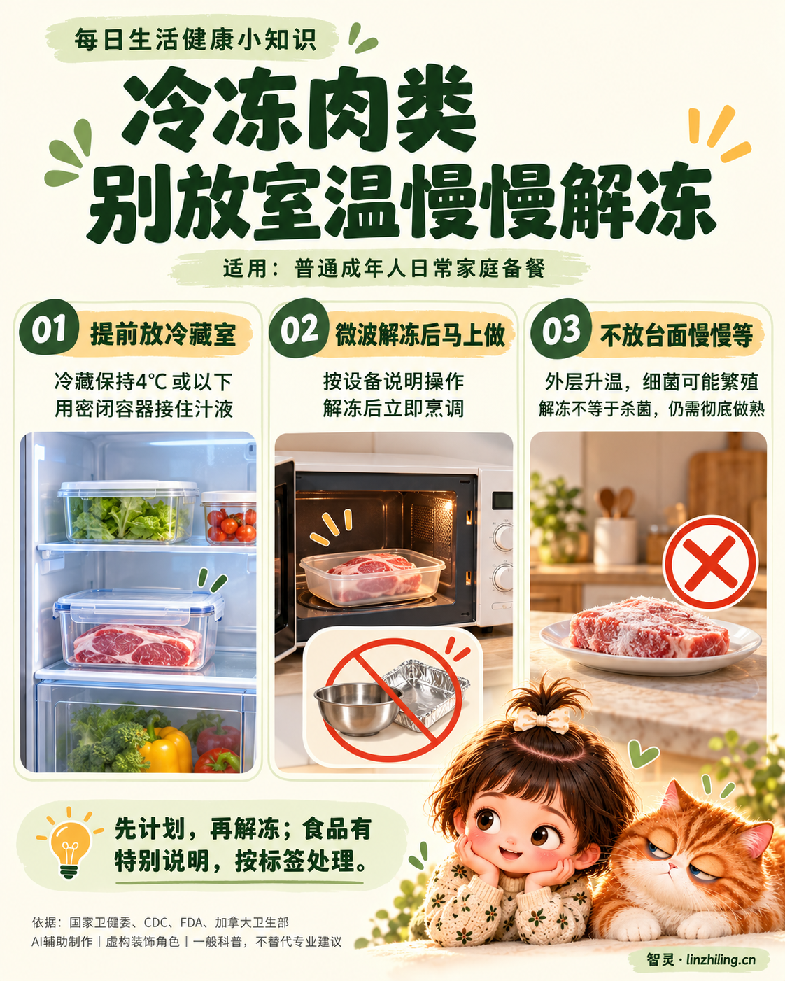 冷冻肉类安全解冻知识图：提前放冷藏室，微波解冻后立即烹调，不在室温台面慢慢解冻；果果与糯糯为虚构装饰角色。
