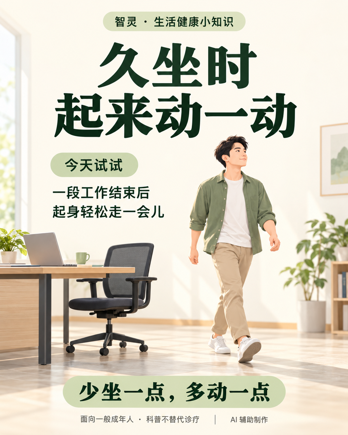 米白与墨绿色的智灵健康知识图：一名虚构成年办公者离开书桌轻松步行，提示在工作间隙起来动一动，少坐一点、多动一点。