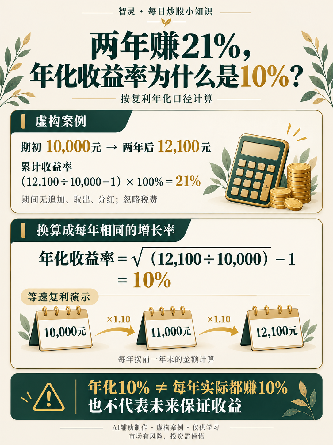 虚构案例:期初10,000元,两年后12,100元,累计收益21%,复利年化10%;期间无追加、取出和分红,忽略税费。AI辅助制作,仅供学习。