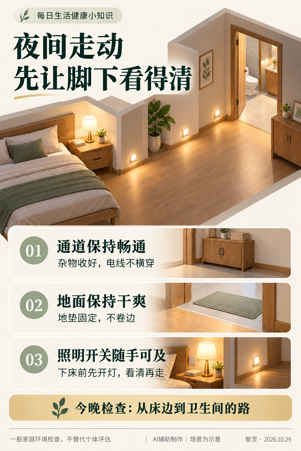 夜间通道检查知识图：保持通道畅通、地面干爽，照明开关随手可及，下床前先开灯；AI辅助制作，场景为示意。