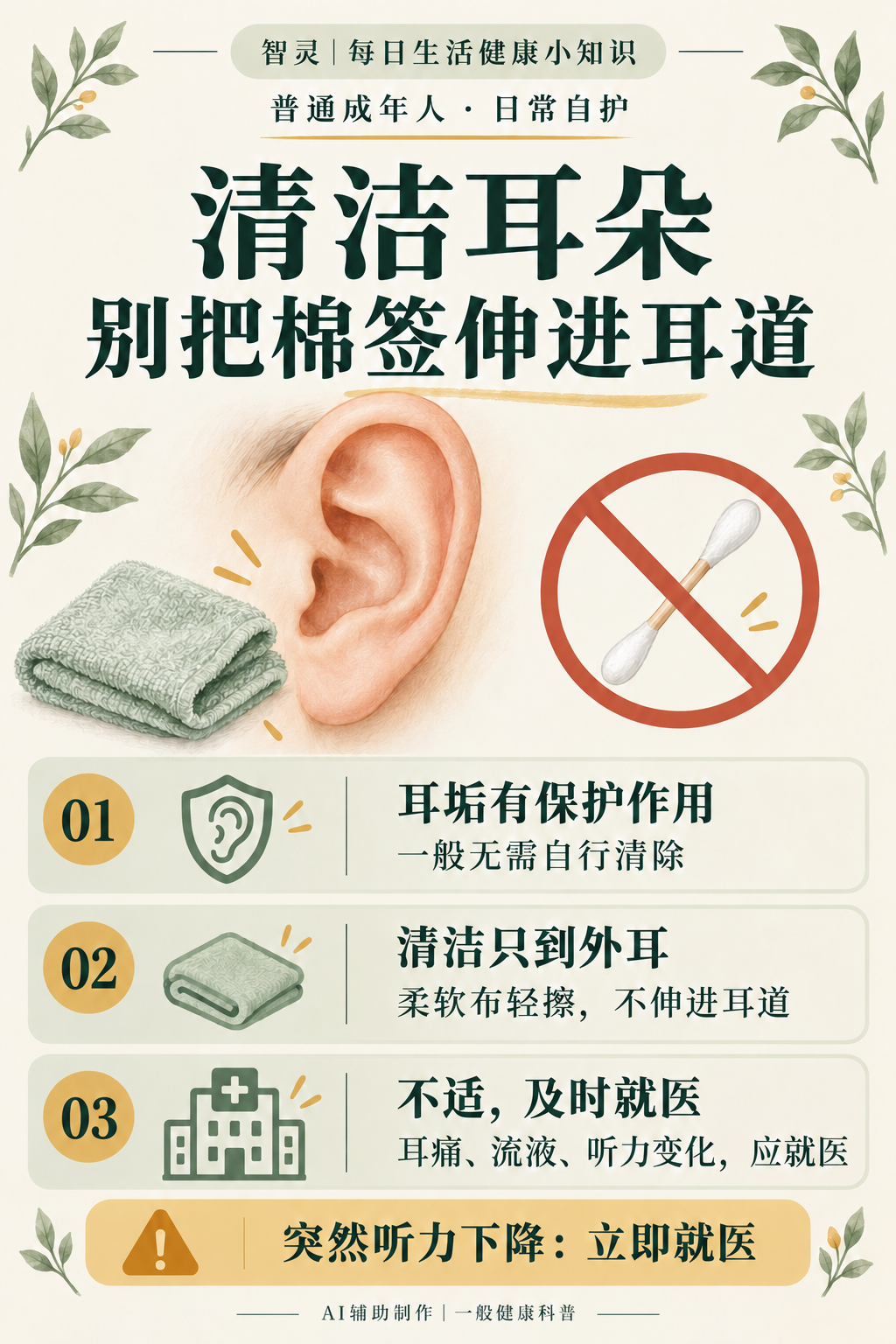 米白墨绿健康知识图：普通成年人日常清洁耳朵，不把棉签伸进耳道；耳垢有保护作用，一般无需自行清除；柔软布轻擦外耳；耳痛、流液或听力变化应就医，突然听力下降立即就医。AI辅助制作。