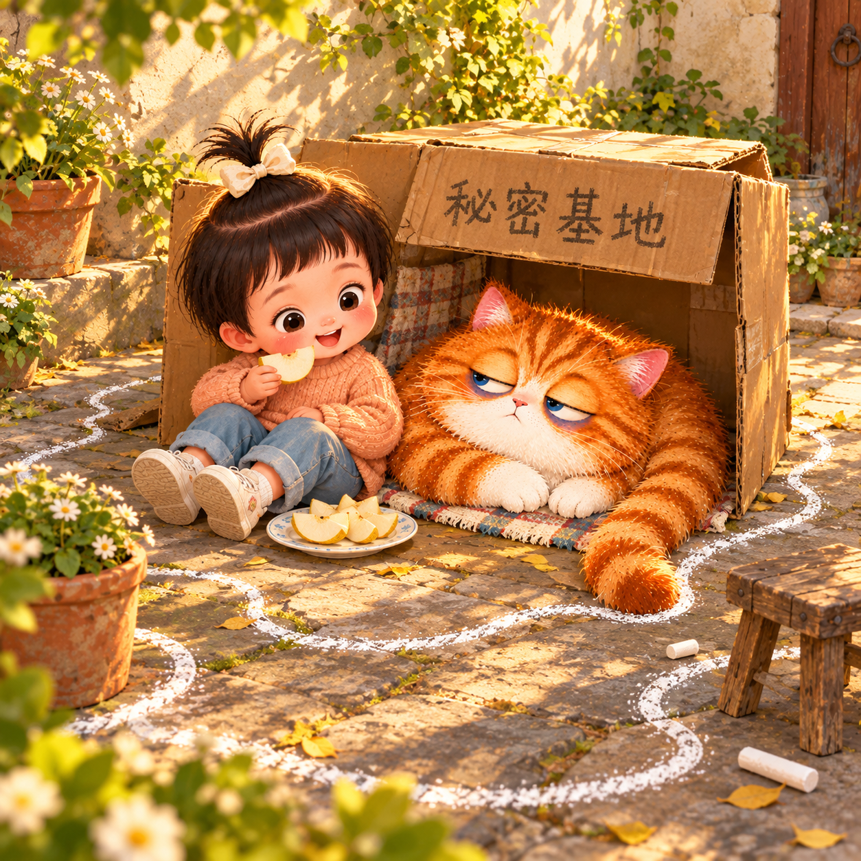 果果坐在秘密基地旁吃梨，糯糯安静地陪在身边