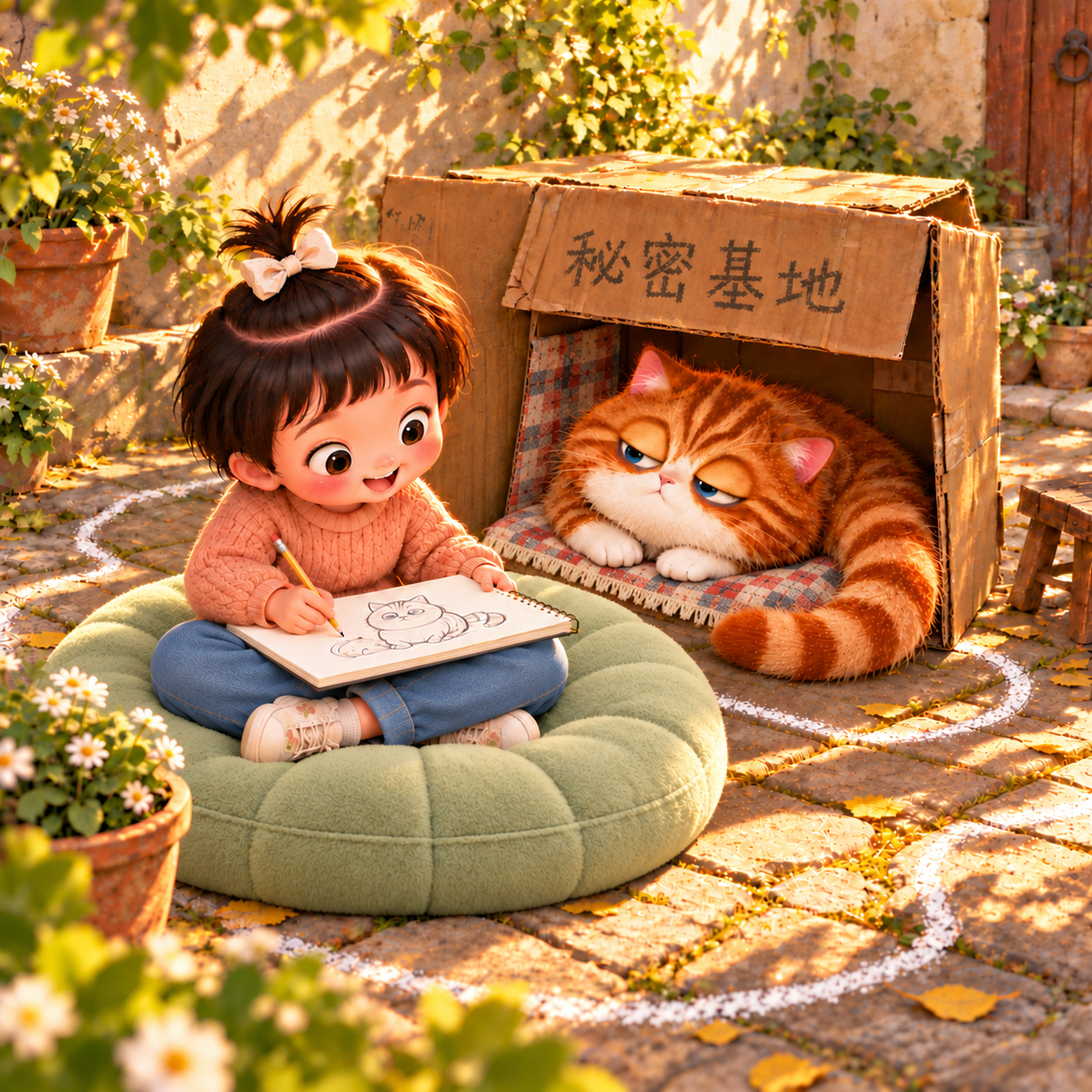 果果坐在新坐垫上画糯糯，纸箱中的糯糯伸出尾巴