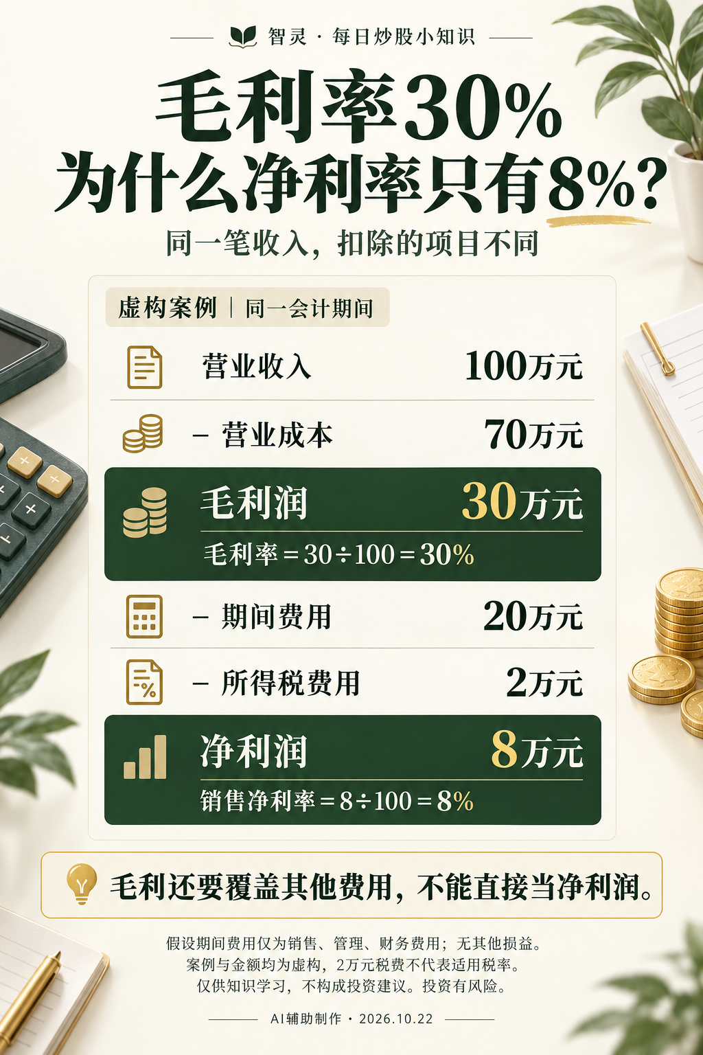 虚构案例：营业收入100万元，营业成本70万元，毛利润30万元、毛利率30%；扣除期间费用20万元及所得税费用2万元后，净利润8万元、销售净利率8%。AI辅助制作，仅供投资基础知识教育。