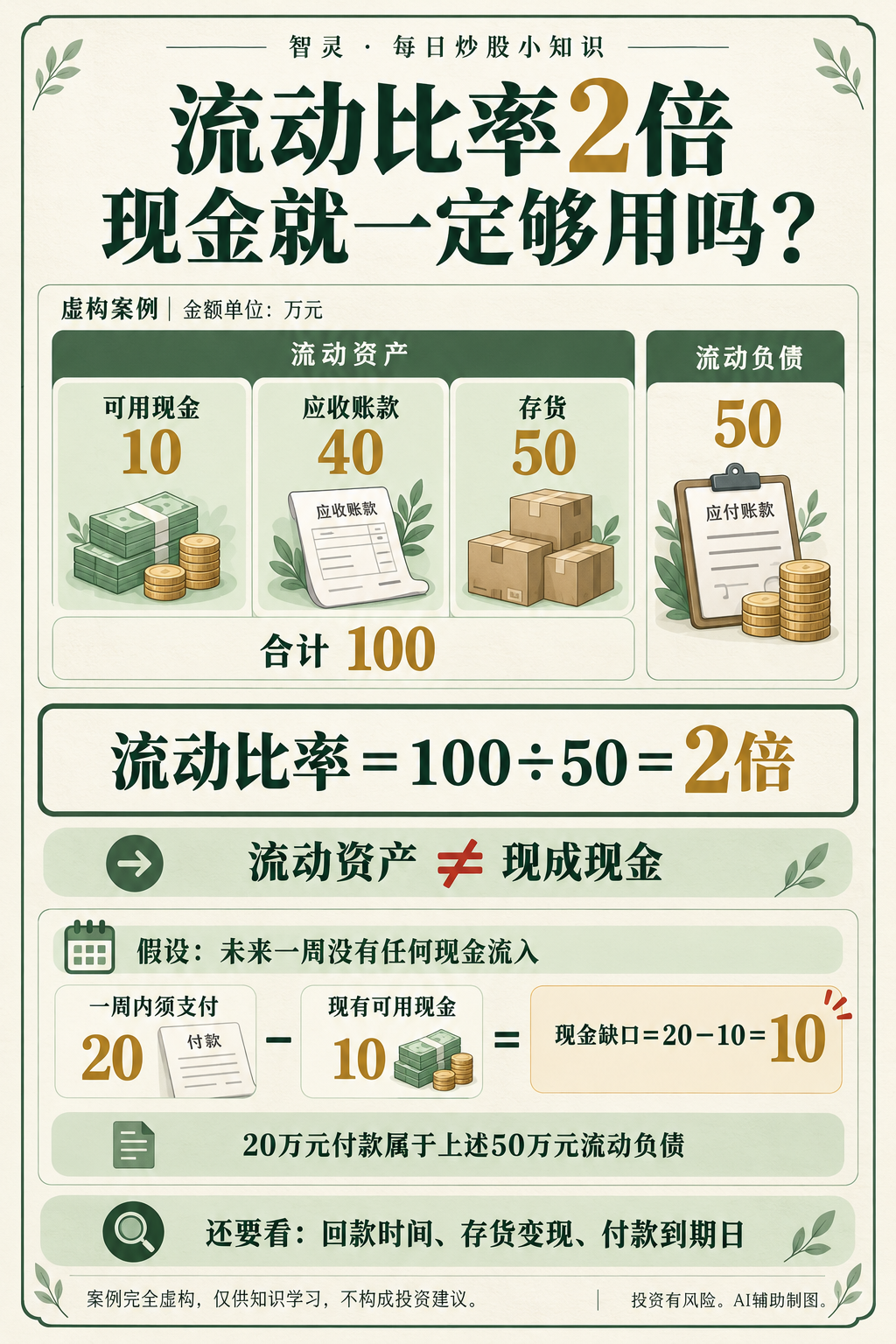 虚构案例：流动资产100万元包括可用现金10万元、应收账款40万元、存货50万元；流动负债50万元，流动比率2倍。假设一周无现金流入，需付款20万元，现金缺口10万元。